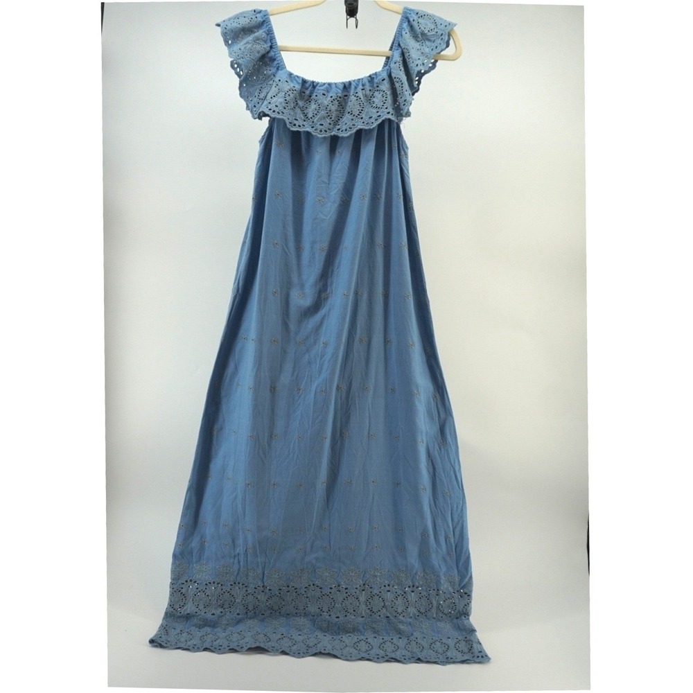 Christy Dawn Mairin Eyelet Maxi Dress Cottagecore Prairie Boho Ruffle Blue OS - Picture 11 of 15